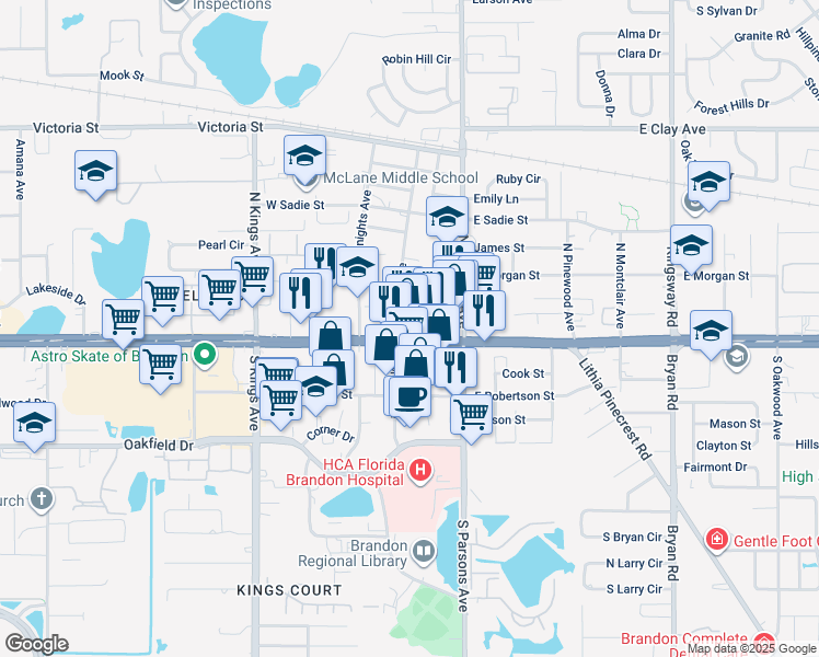 map of restaurants, bars, coffee shops, grocery stores, and more near 101-199 South Moon Avenue in Brandon