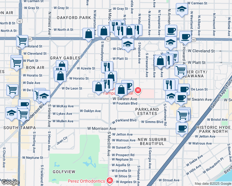 map of restaurants, bars, coffee shops, grocery stores, and more near 3012 West De Leon Street in Tampa