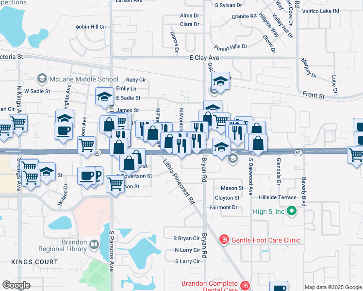 map of restaurants, bars, coffee shops, grocery stores, and more near 435 East Brandon Boulevard in Brandon