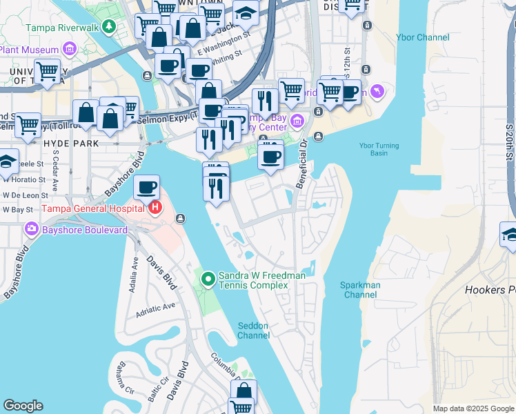 map of restaurants, bars, coffee shops, grocery stores, and more near 402 Knights Run Avenue in Tampa