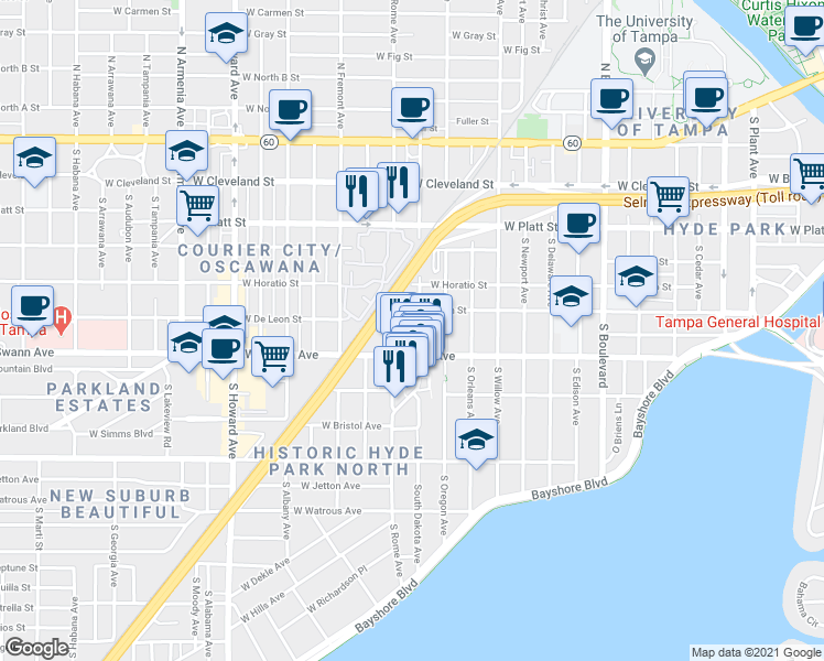 map of restaurants, bars, coffee shops, grocery stores, and more near 1601 West Swann Avenue in Tampa