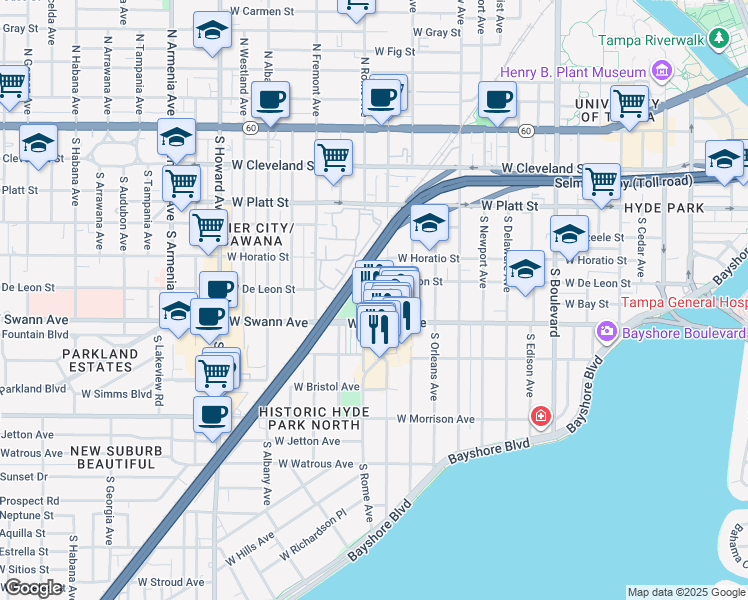 map of restaurants, bars, coffee shops, grocery stores, and more near 1601 West Swann Avenue in Tampa