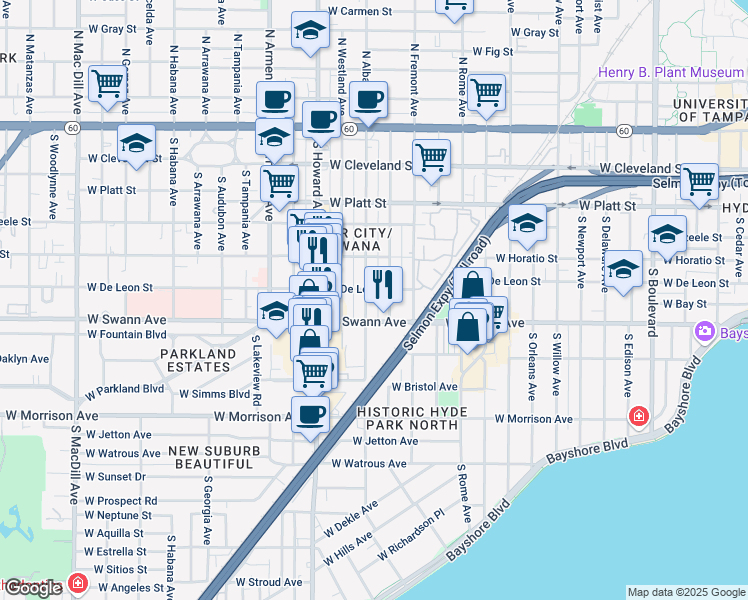 map of restaurants, bars, coffee shops, grocery stores, and more near 702 South Albany Avenue in Tampa