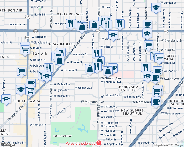 map of restaurants, bars, coffee shops, grocery stores, and more near 3107 West Fountain Boulevard in Tampa
