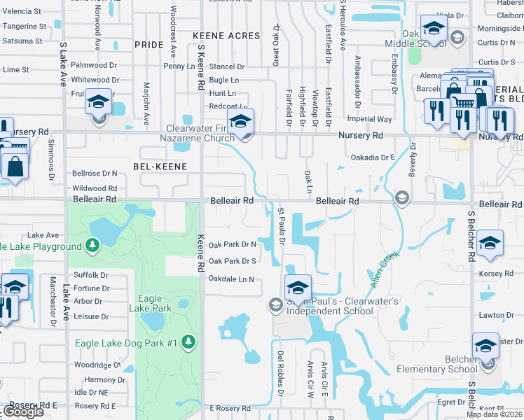 map of restaurants, bars, coffee shops, grocery stores, and more near 1653 Bravo Drive in Clearwater