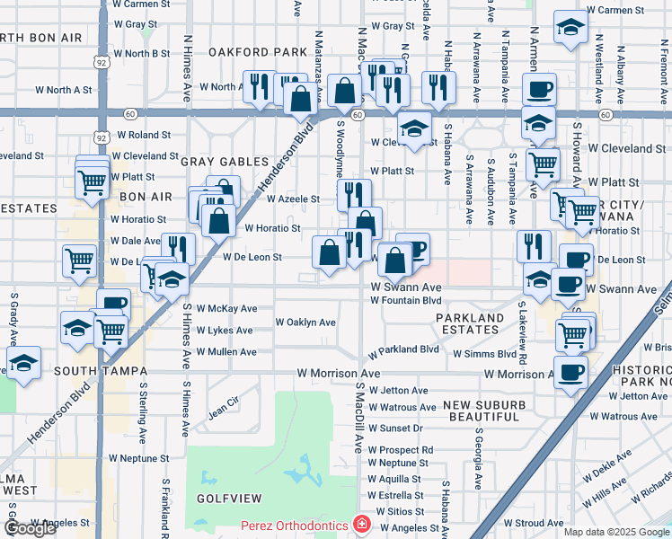 map of restaurants, bars, coffee shops, grocery stores, and more near 3107 West Fountain Boulevard in Tampa