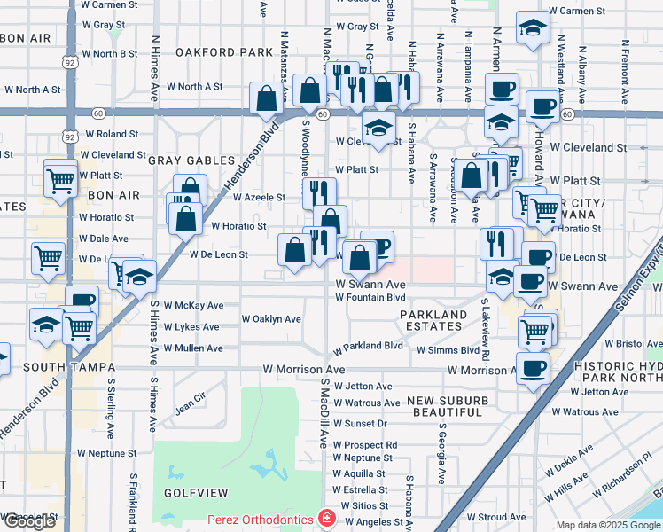 map of restaurants, bars, coffee shops, grocery stores, and more near 627 Swann Drive in Tampa
