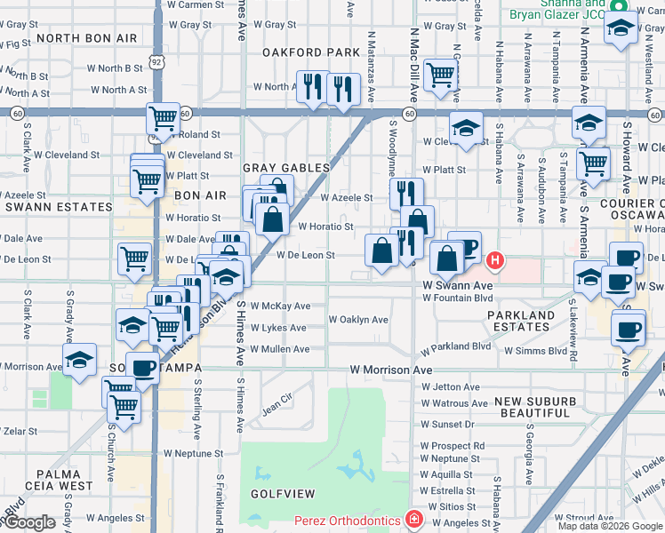 map of restaurants, bars, coffee shops, grocery stores, and more near 3221 West Swann Avenue in Tampa