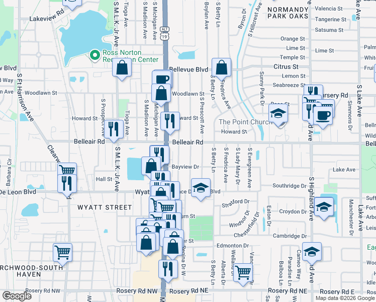 map of restaurants, bars, coffee shops, grocery stores, and more near 1631 Young Avenue in Clearwater
