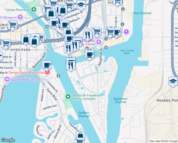 map of restaurants, bars, coffee shops, grocery stores, and more near 450 Knights Run Avenue in Tampa