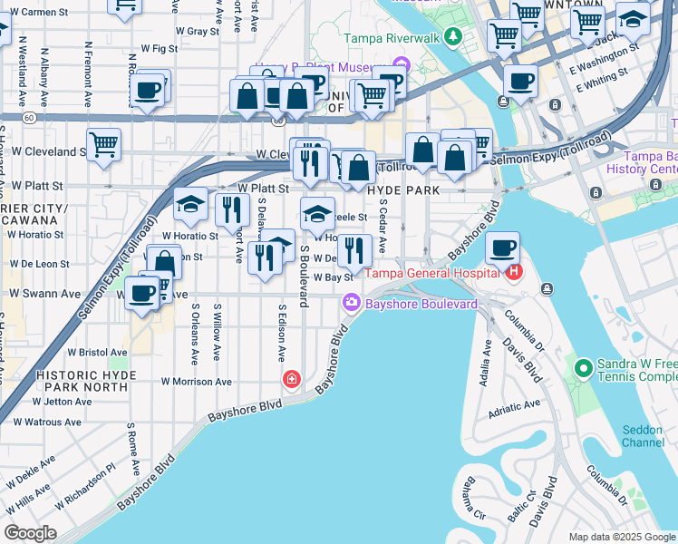 map of restaurants, bars, coffee shops, grocery stores, and more near 615 West De Leon Street in Tampa