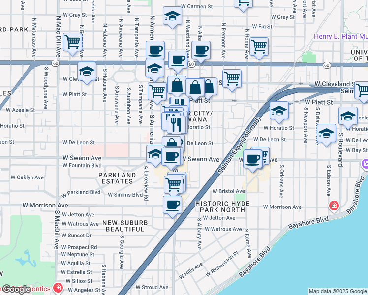 map of restaurants, bars, coffee shops, grocery stores, and more near 512 South Westland Avenue in Tampa