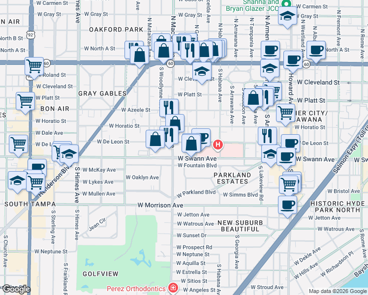 map of restaurants, bars, coffee shops, grocery stores, and more near 3012 West De Leon Street in Tampa