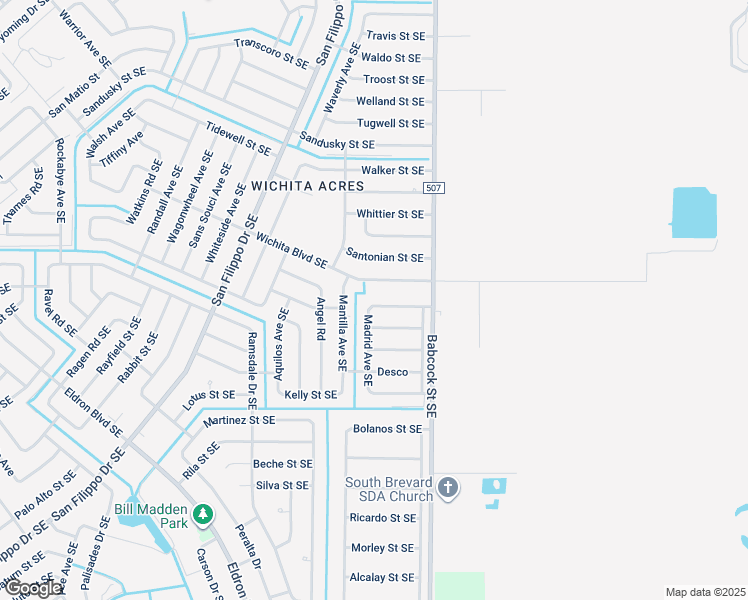 map of restaurants, bars, coffee shops, grocery stores, and more near 1610 Wichita Boulevard Southeast in Palm Bay