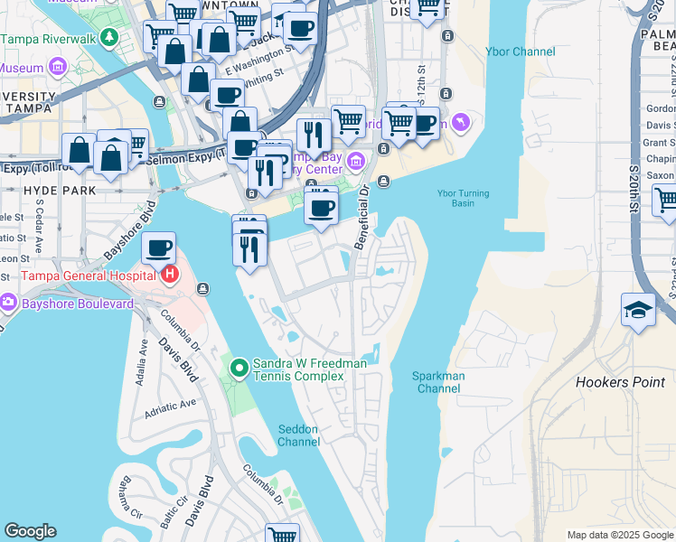 map of restaurants, bars, coffee shops, grocery stores, and more near 401 Harbour Place Drive in Tampa
