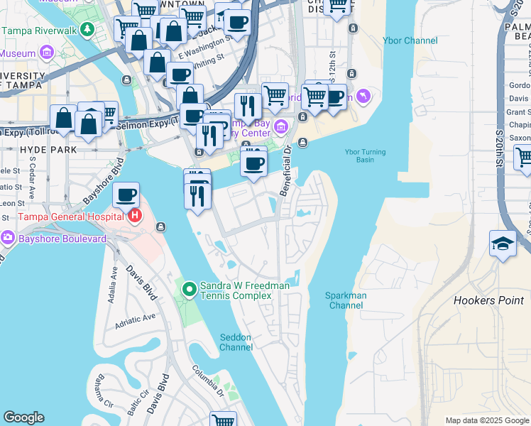 map of restaurants, bars, coffee shops, grocery stores, and more near 401 Harbour Place Drive in Tampa