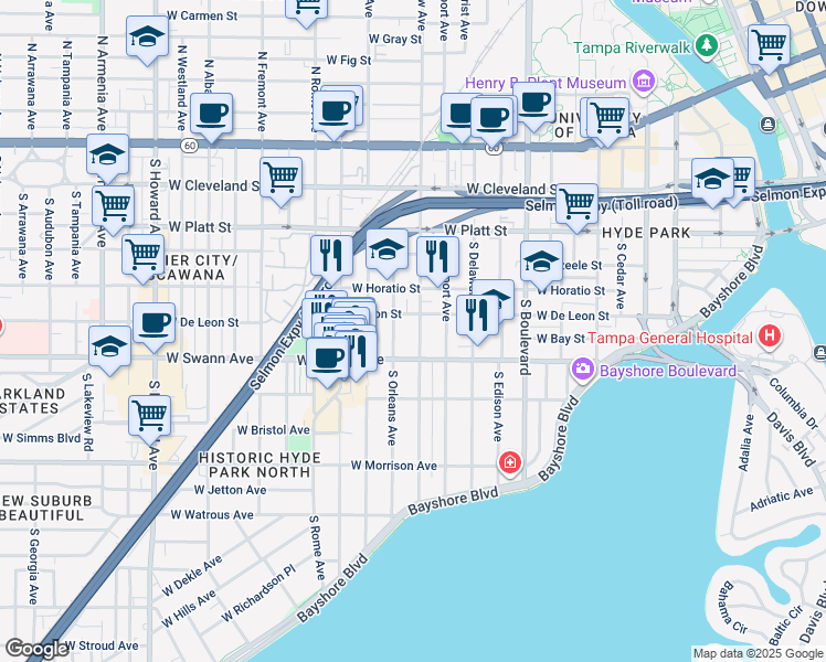 map of restaurants, bars, coffee shops, grocery stores, and more near in Tampa