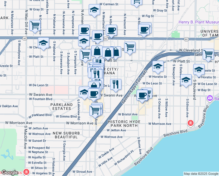 map of restaurants, bars, coffee shops, grocery stores, and more near 509 South Melville Avenue in Tampa