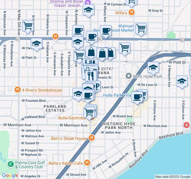 map of restaurants, bars, coffee shops, grocery stores, and more near 512 South Westland Avenue in Tampa