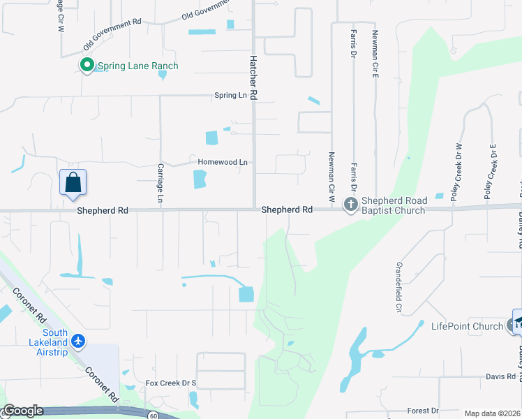 map of restaurants, bars, coffee shops, grocery stores, and more near 4135 Shepherd Road in Lakeland