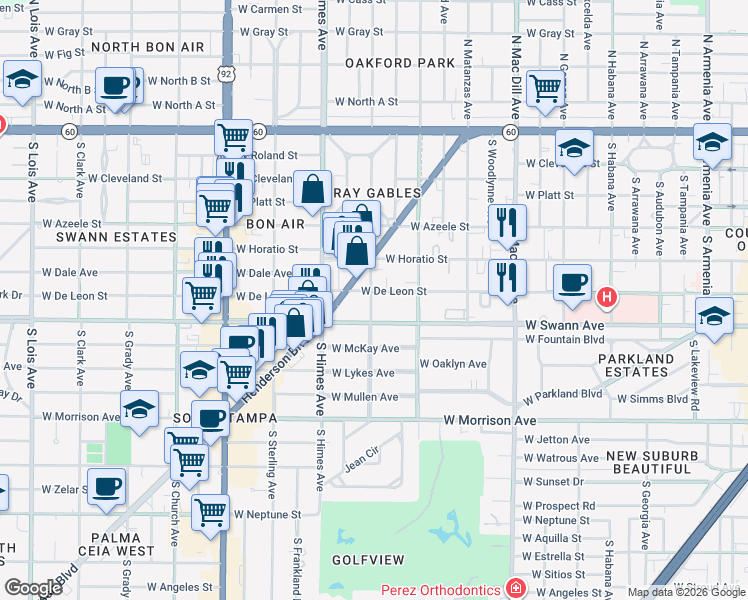 map of restaurants, bars, coffee shops, grocery stores, and more near 3410 Henderson Boulevard in Tampa