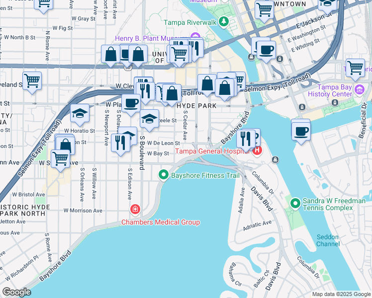 map of restaurants, bars, coffee shops, grocery stores, and more near 507 West De Leon Street in Tampa