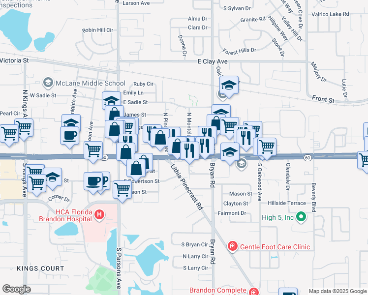 map of restaurants, bars, coffee shops, grocery stores, and more near 120 North Montclair Avenue in Brandon