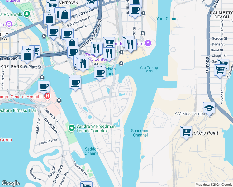 map of restaurants, bars, coffee shops, grocery stores, and more near 732 Seagate Drive in Tampa