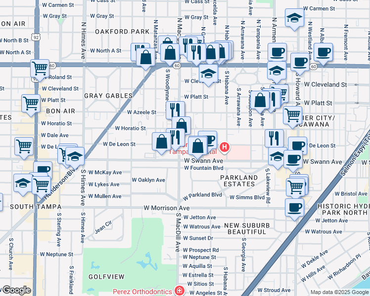 map of restaurants, bars, coffee shops, grocery stores, and more near 530 South MacDill Avenue in Tampa