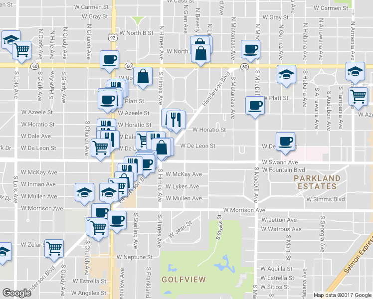 map of restaurants, bars, coffee shops, grocery stores, and more near 3410 Henderson Boulevard in Tampa