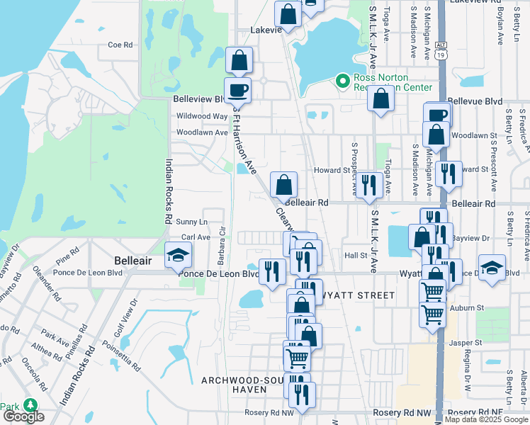map of restaurants, bars, coffee shops, grocery stores, and more near 529 Howard Court in Clearwater