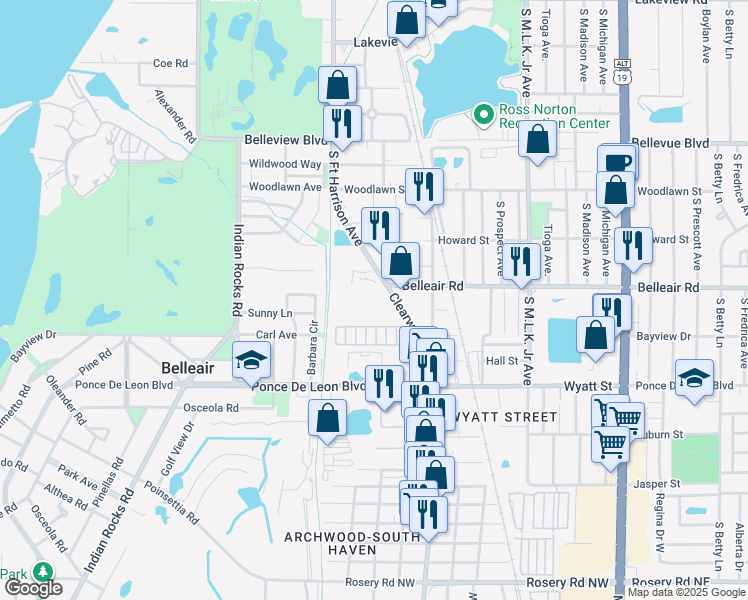 map of restaurants, bars, coffee shops, grocery stores, and more near 529 Howard Court in Clearwater