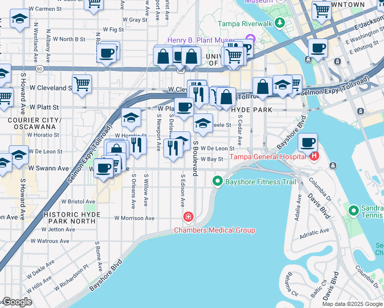 map of restaurants, bars, coffee shops, grocery stores, and more near 602 South Boulevard in Tampa