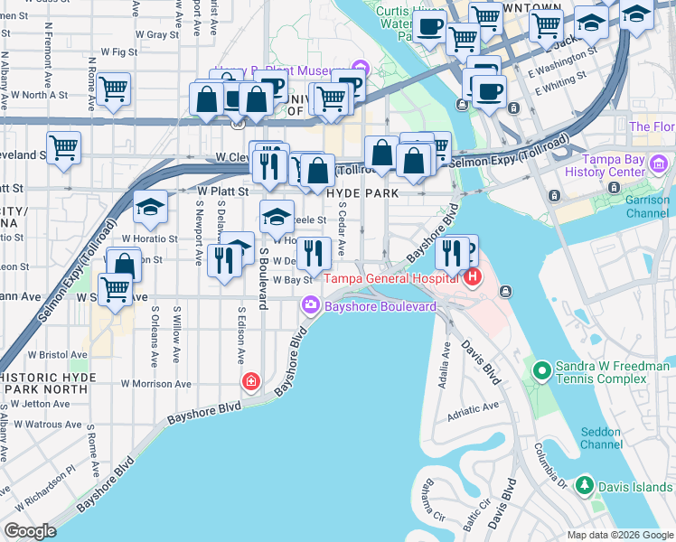 map of restaurants, bars, coffee shops, grocery stores, and more near 507 West De Leon Street in Tampa