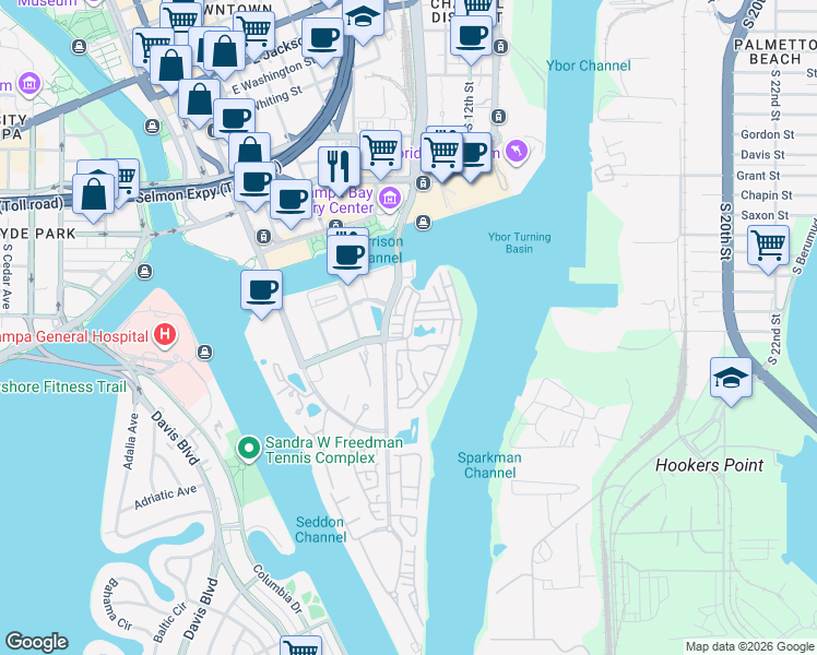map of restaurants, bars, coffee shops, grocery stores, and more near 732 Seagate Drive in Tampa