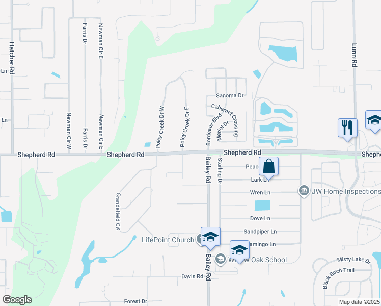 map of restaurants, bars, coffee shops, grocery stores, and more near 3582 Shepherd Road in Mulberry