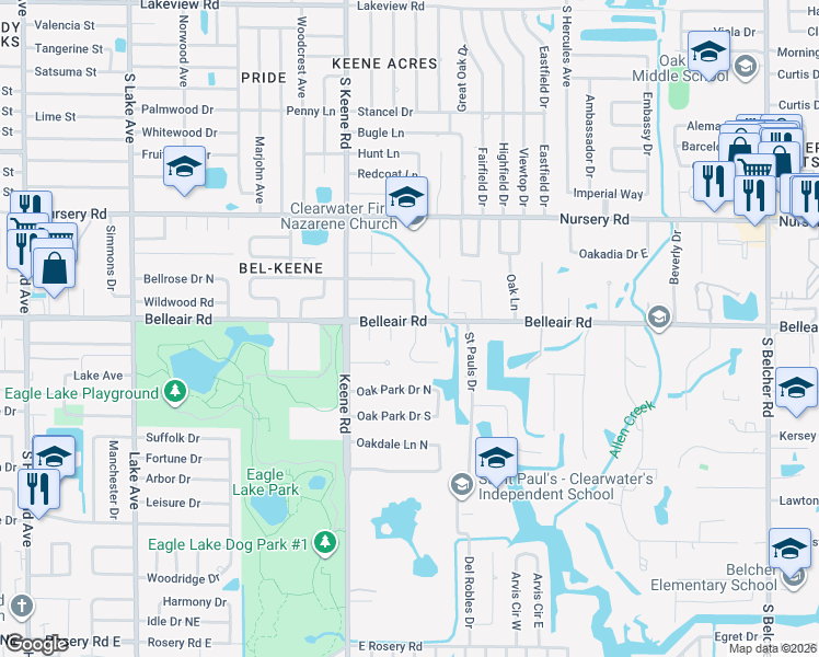 map of restaurants, bars, coffee shops, grocery stores, and more near 1868 Northwood Drive in Clearwater