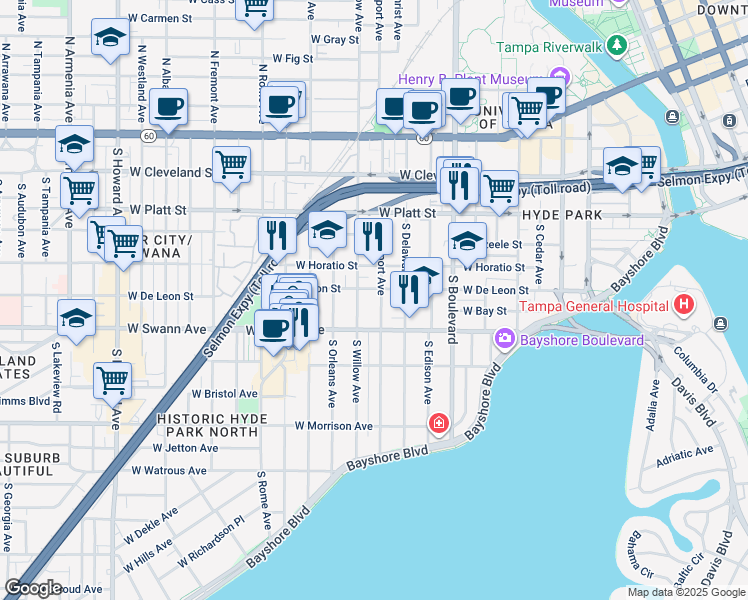map of restaurants, bars, coffee shops, grocery stores, and more near 1107 West De Leon Street in Tampa