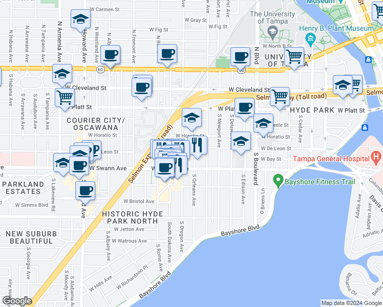 map of restaurants, bars, coffee shops, grocery stores, and more near 510 South Oregon Avenue in Tampa