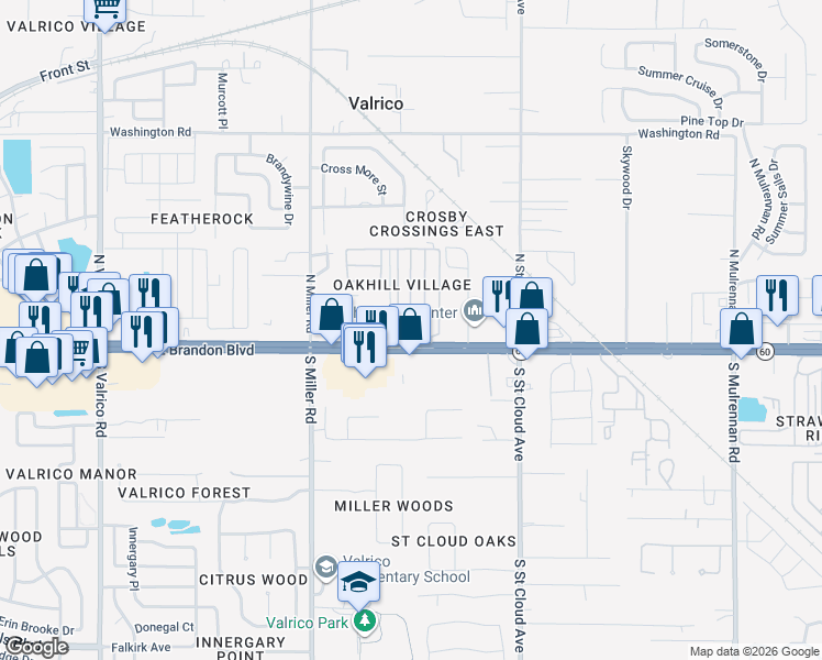 map of restaurants, bars, coffee shops, grocery stores, and more near 101 Oakhill Ridge Road in Valrico