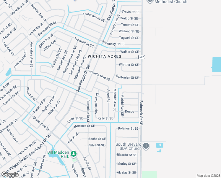 map of restaurants, bars, coffee shops, grocery stores, and more near 2241 Angel Road in Palm Bay