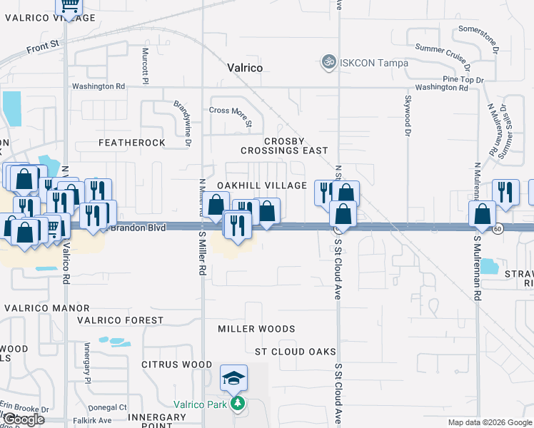 map of restaurants, bars, coffee shops, grocery stores, and more near 101 Oakhill Ridge Road in Valrico