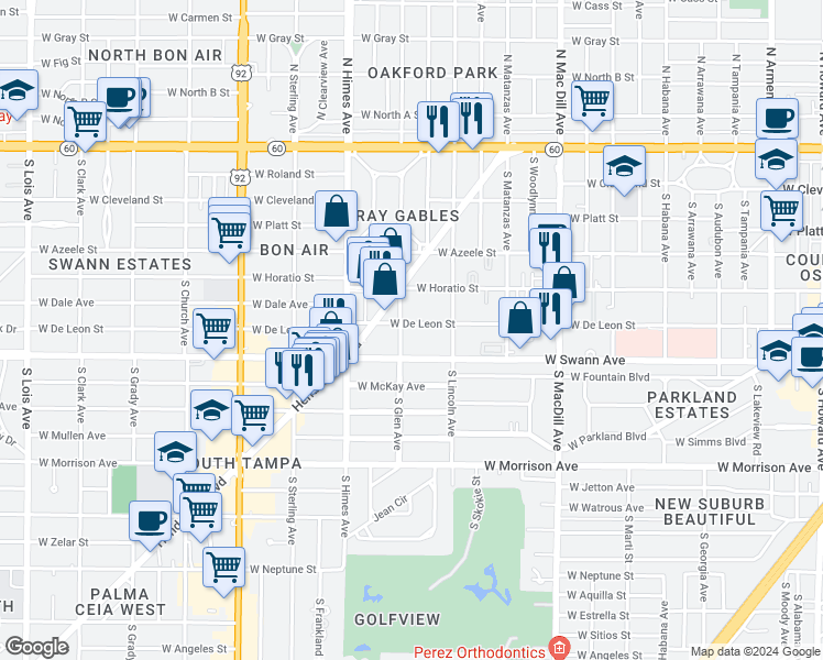 map of restaurants, bars, coffee shops, grocery stores, and more near 3315 West De Leon Street in Tampa