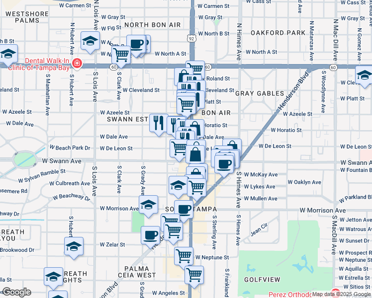 map of restaurants, bars, coffee shops, grocery stores, and more near 609 South Dale Mabry Highway in Tampa