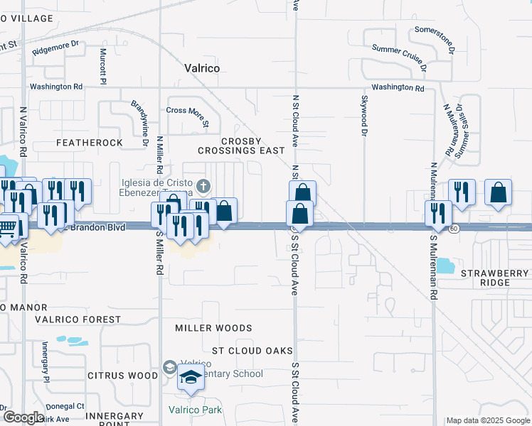 map of restaurants, bars, coffee shops, grocery stores, and more near 2802 Cottens Drive in Valrico