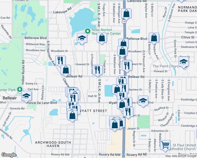 map of restaurants, bars, coffee shops, grocery stores, and more near 1001 Belleair Road in Clearwater