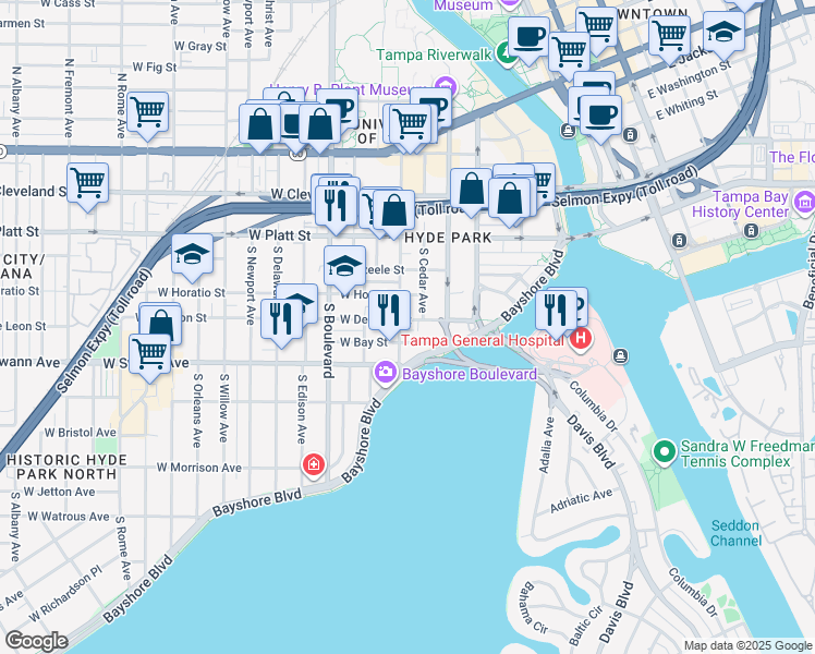 map of restaurants, bars, coffee shops, grocery stores, and more near 507 West De Leon Street in Tampa