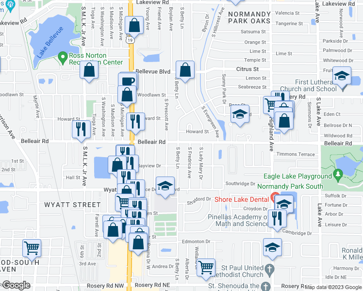 map of restaurants, bars, coffee shops, grocery stores, and more near 1301 Belleair Road in Clearwater