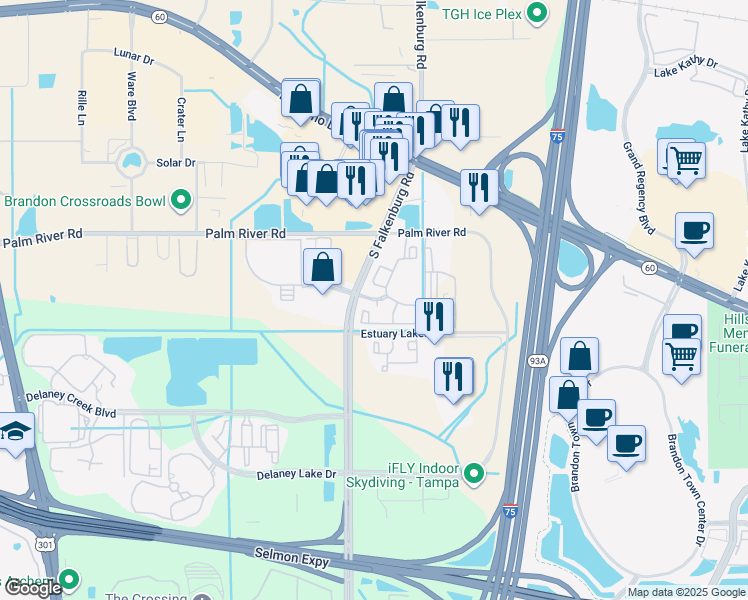 map of restaurants, bars, coffee shops, grocery stores, and more near 10143 Palm River Road in Tampa