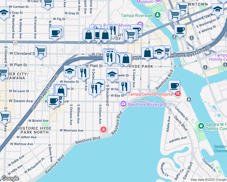map of restaurants, bars, coffee shops, grocery stores, and more near 602 South Boulevard in Tampa